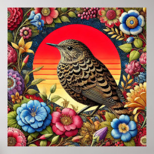 Poster Oiseau parmi des fleurs colorées