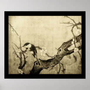 Poster OISEAU PRINTANIER ET ARBRE FLEURI Brun Sépia