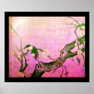 Poster OISEAU PRINTANIER ET ARBRE FLEURI Fuchsia Rose