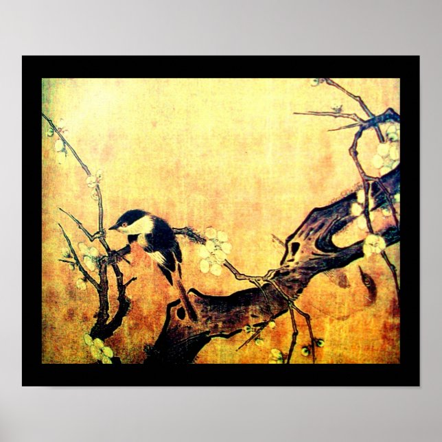 Poster OISEAU PRINTANIER ET ARBRE FLEURI Jaune Brun Noir (Devant)