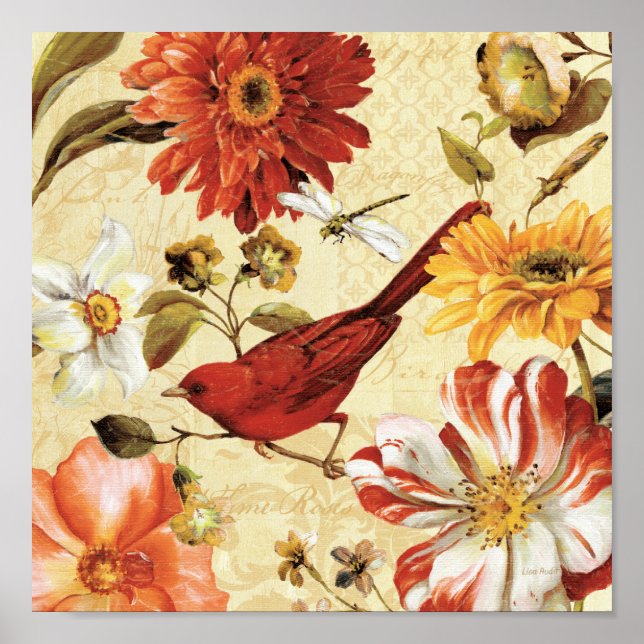 Poster Oiseau rouge dans un jardin fleuri (Devant)