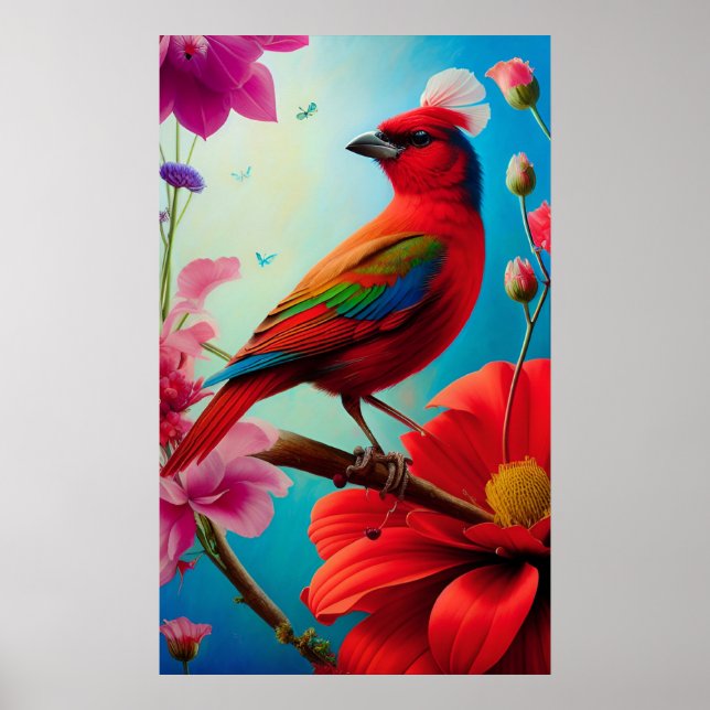 Poster Oiseau rouge et fleurs (Devant)
