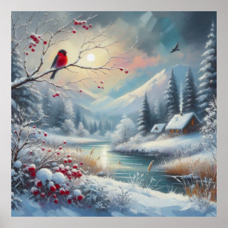 Poster Oiseau rouge et paysage hivernal 5