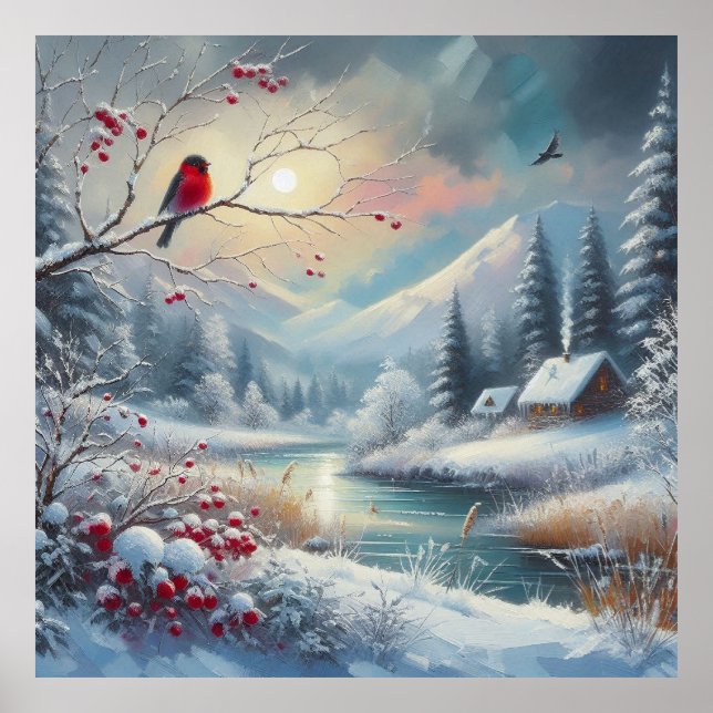 Poster Oiseau rouge et paysage hivernal 5 (Devant)