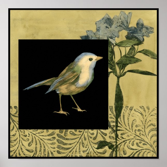 Poster Oiseau sur Noir et Arrière - plan Vintage (Devant)