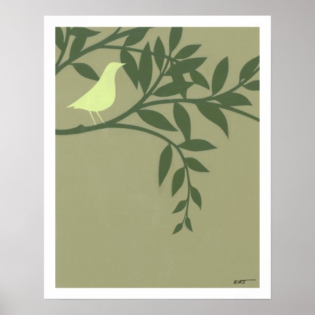 Poster Oiseau vert perché sur une branche verte (Devant)