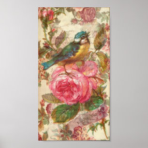 Poster Oiseau vintage et roses roses roses
