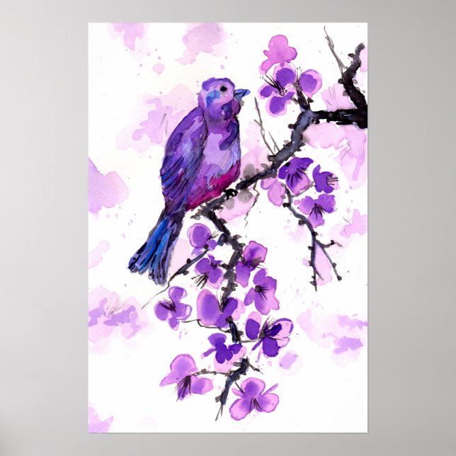 Poster Oiseau Violet et Fleurs (Devant)