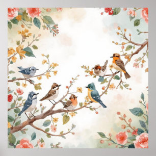 Poster Oiseaux à l'aquarelle en fleurs