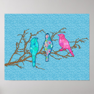 Poster Oiseaux appliqués sur une branche, Sky Blue Multi