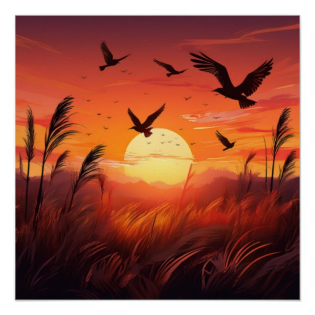 Poster Oiseaux au soleil couchant - Sérénité de la nature (Devant)