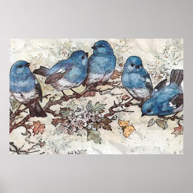 Poster Oiseaux bleus (Devant)