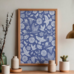 Poster Oiseaux bleus et blancs et floraux Art à main levé
