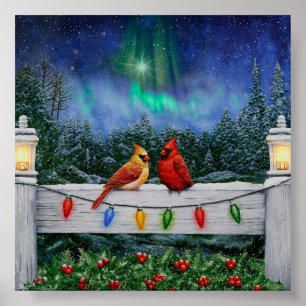 Poster Oiseaux cardinaux et lumières de Noël