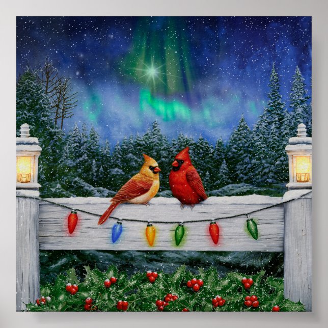Poster Oiseaux cardinaux et lumières de Noël (Devant)