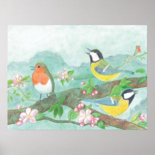 Poster Oiseaux chantant sur une branche d'arbre en fleurs