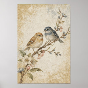 Poster Oiseaux chanteurs sur une branche fleurie en ocre