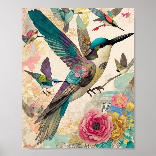 Poster Oiseaux Collage multimédia mixte Ephémère Découpag (Devant)