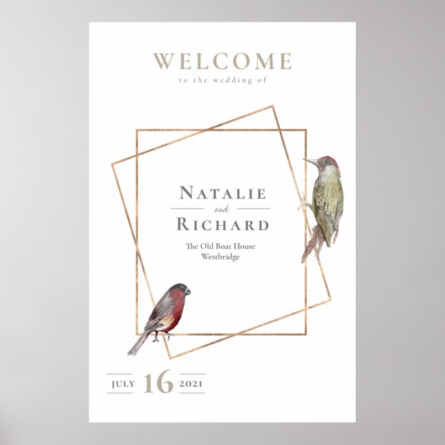 Poster Oiseaux d'Affiche de bienvenue Mariage rustique (Devant)
