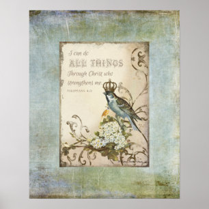 Poster Oiseaux de bois - Oiseau bleu avec fleurs de couro