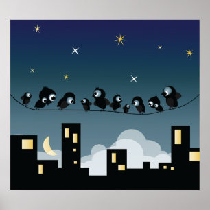 Poster Oiseaux De La Ville Sur Un Ciel Étoilé De Fil