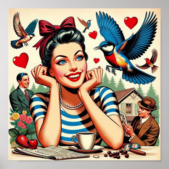 Poster Oiseaux de l'amour rétro (Devant)