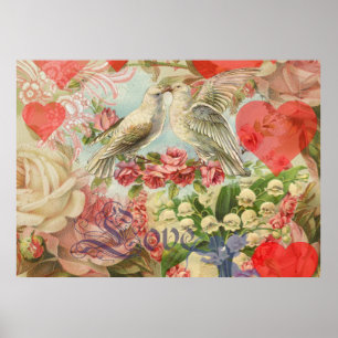 Poster Oiseaux de l'amour Vintage Antique Cœur