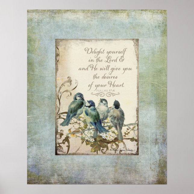 Poster Oiseaux des bois - Bleus sur une branche Florale (Devant)