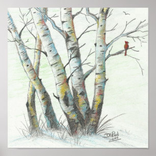 Poster Oiseaux d'hiver Art crayon coloré