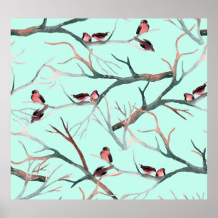Poster Oiseaux d'hiver Branches de l'arbre Aquarelle