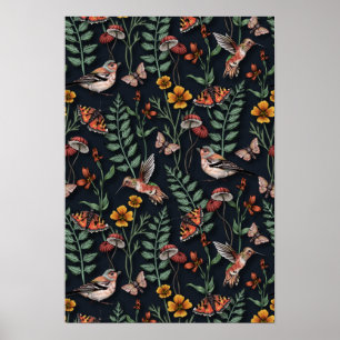 Poster Oiseaux du jardin foncé et papillons