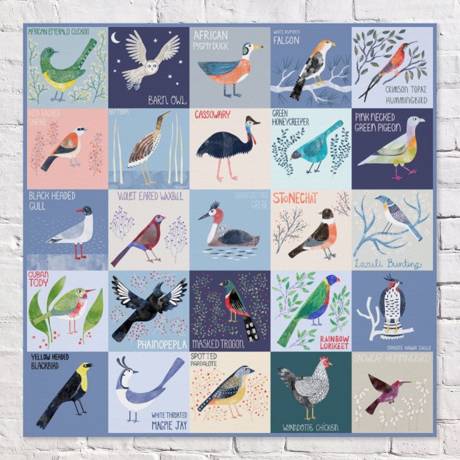 Poster Oiseaux du monde en aquarelle (Birds Around the World fun and quirky watercolor bird art with hand lettered names poster)