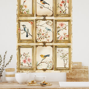 Poster Oiseaux et branches fleuries (cerisier ou pêcher)