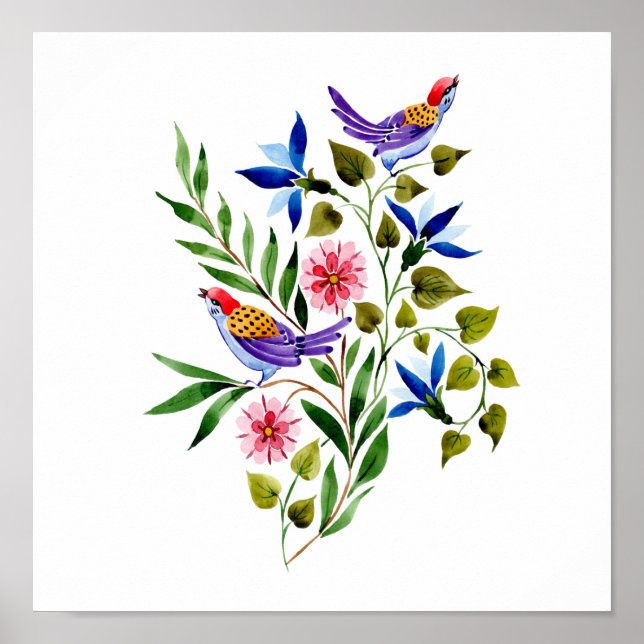Poster Oiseaux et fleurs Aquarelle Peinture (Devant)