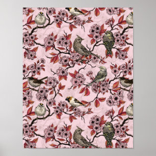 Poster Oiseaux et fleurs de cerisier sur fond rose saumon