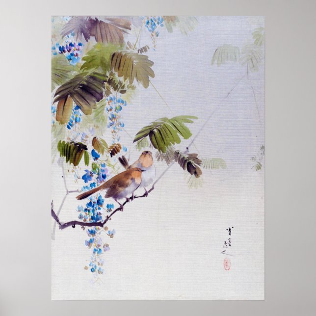 Poster Oiseaux et Fleurs de Wisteria, Watanabe Seitei (Devant)