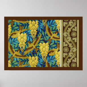 Poster Oiseaux et glycine Verneuil bleu brun jaune