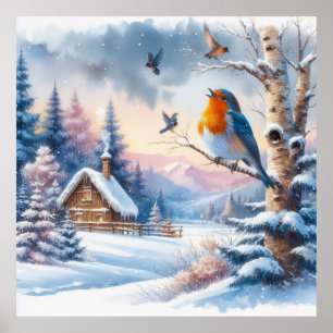 Poster Oiseaux et paysage hivernal 24