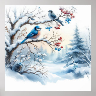 Poster Oiseaux et paysage hivernal 34