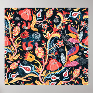 Poster Oiseaux floraux foncés : Motif ornemental.