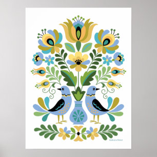 Poster Oiseaux folkloriques hongrois en bleu et or