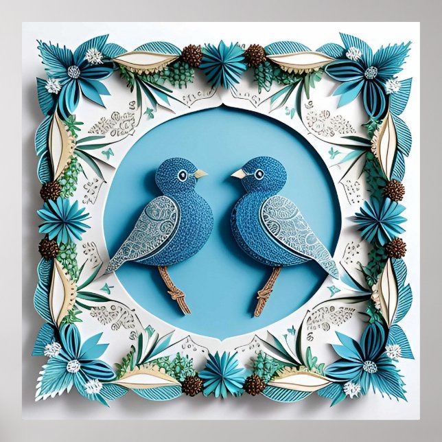 Poster Oiseaux geai bleu en art papier (Devant)