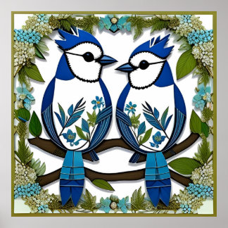 Poster Oiseaux geai bleu en papier découpé