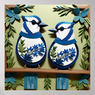 Poster Oiseaux geai bleu en papier découpé