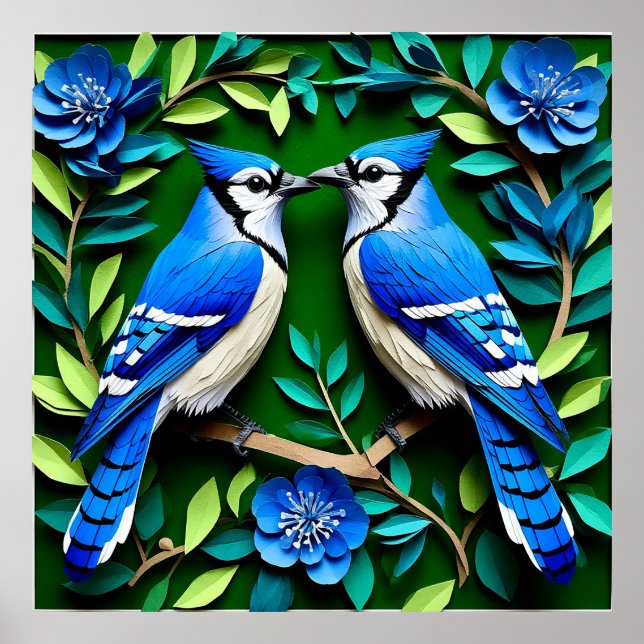 Poster Oiseaux geai bleu en papier découpé (Devant)