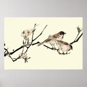 Poster Oiseaux Japonais vintages Et Fleurs De Cerisiers
