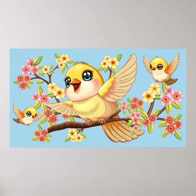 Poster Oiseaux mignons et heureux parmi les fleurs du pri (Devant)