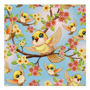 Poster Oiseaux mignons et heureux parmi les fleurs du pri