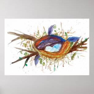 Poster Oiseaux Nid Oeufs Plumes Arbre Aquarelle