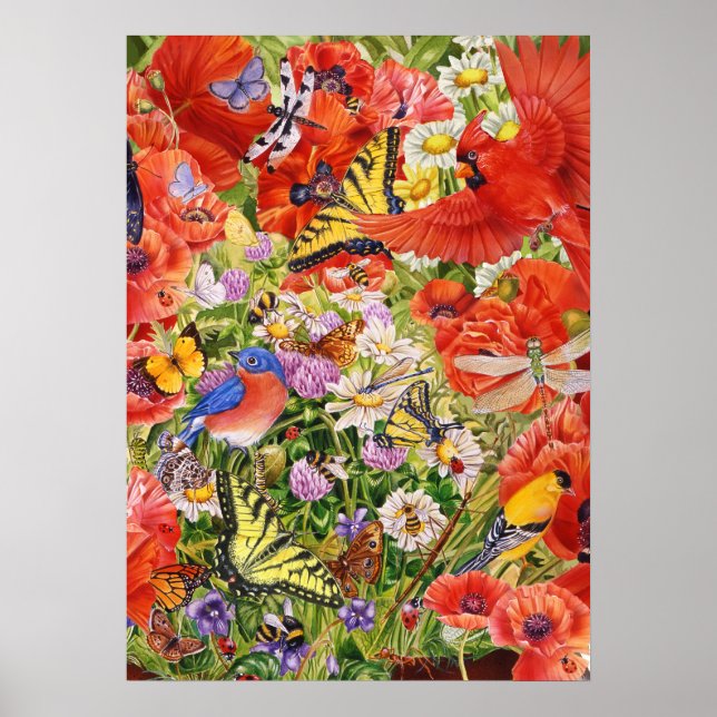 Poster Oiseaux, papillons et abeilles (Devant)